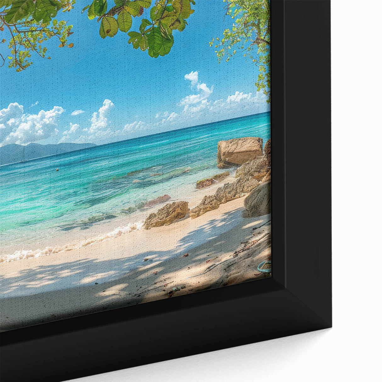 Black wall art featuring a textured Caribbean scenery on extra large framed canvas, with colorful art accents.