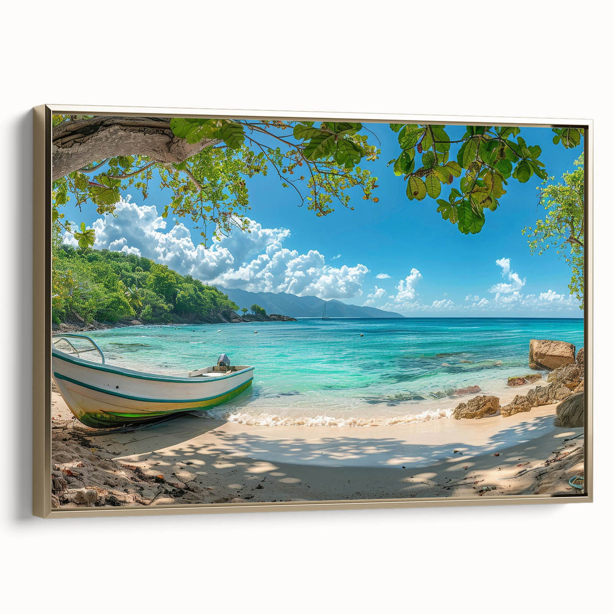 Vintage poster art of a Caribbean scenery on a framed canvas, featuring vibrant colors.