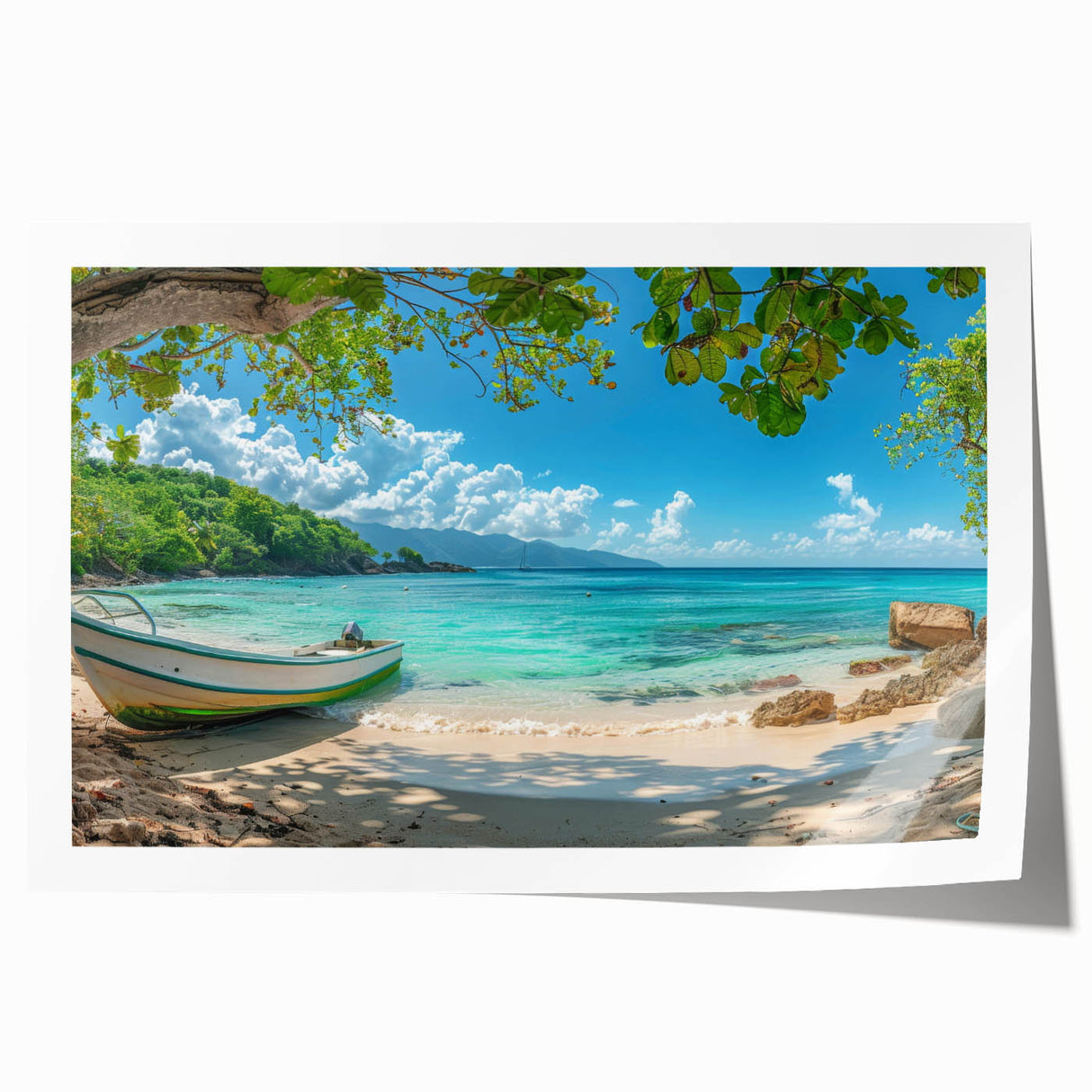 Extra large rolled print of a Caribbean scenery with vibrant blue and green tones, ideal for dining room wall art.