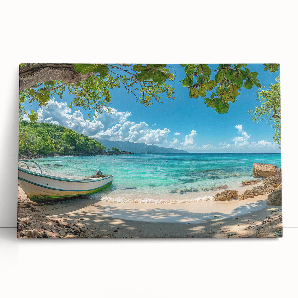 Large black and white photo of Caribbean Aruba scenery on stretched canvas, ideal for kitchen wall art.