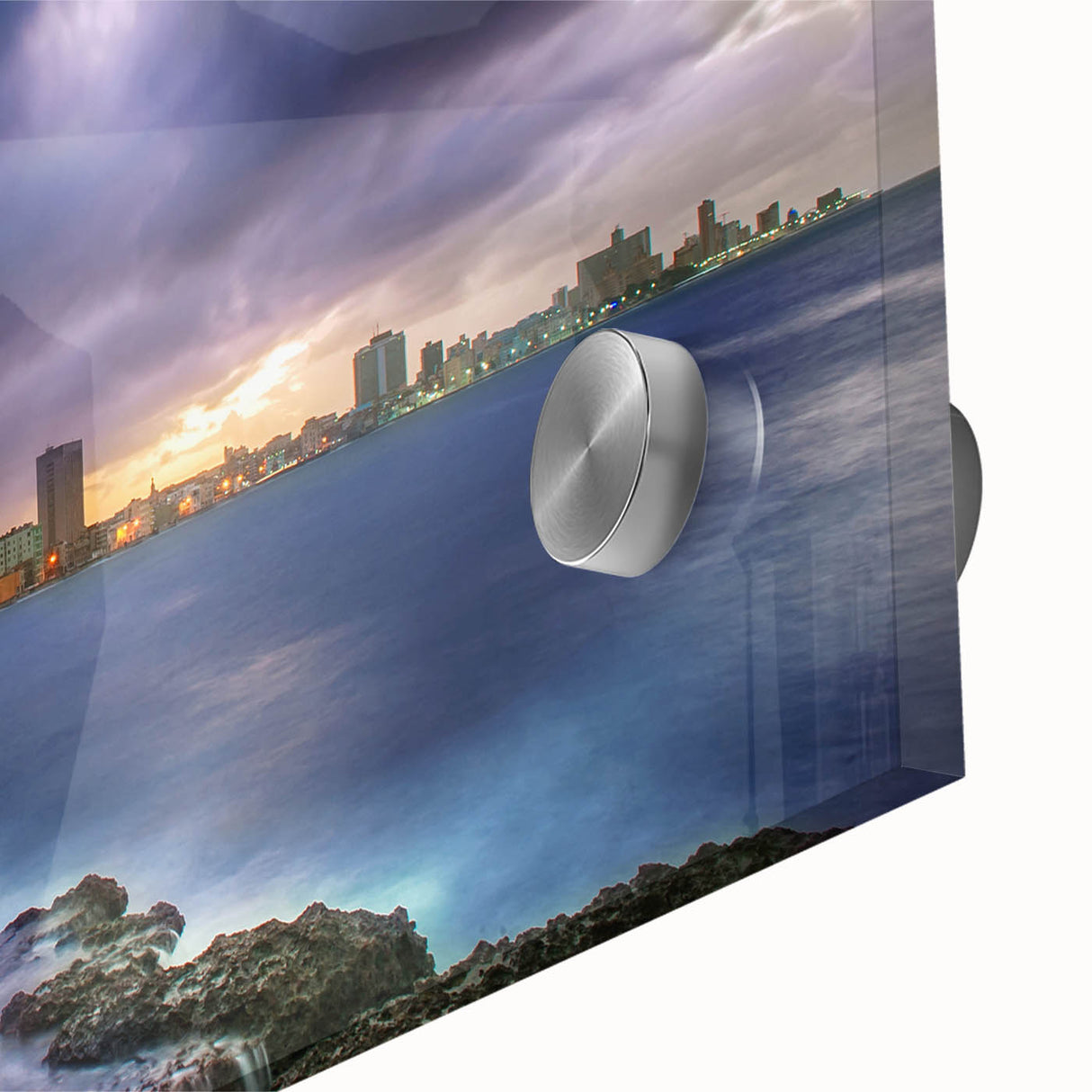 Large abstract wall art depicting a Caribbean Cuba scenery in vibrant blues and greens on acrylic glass.