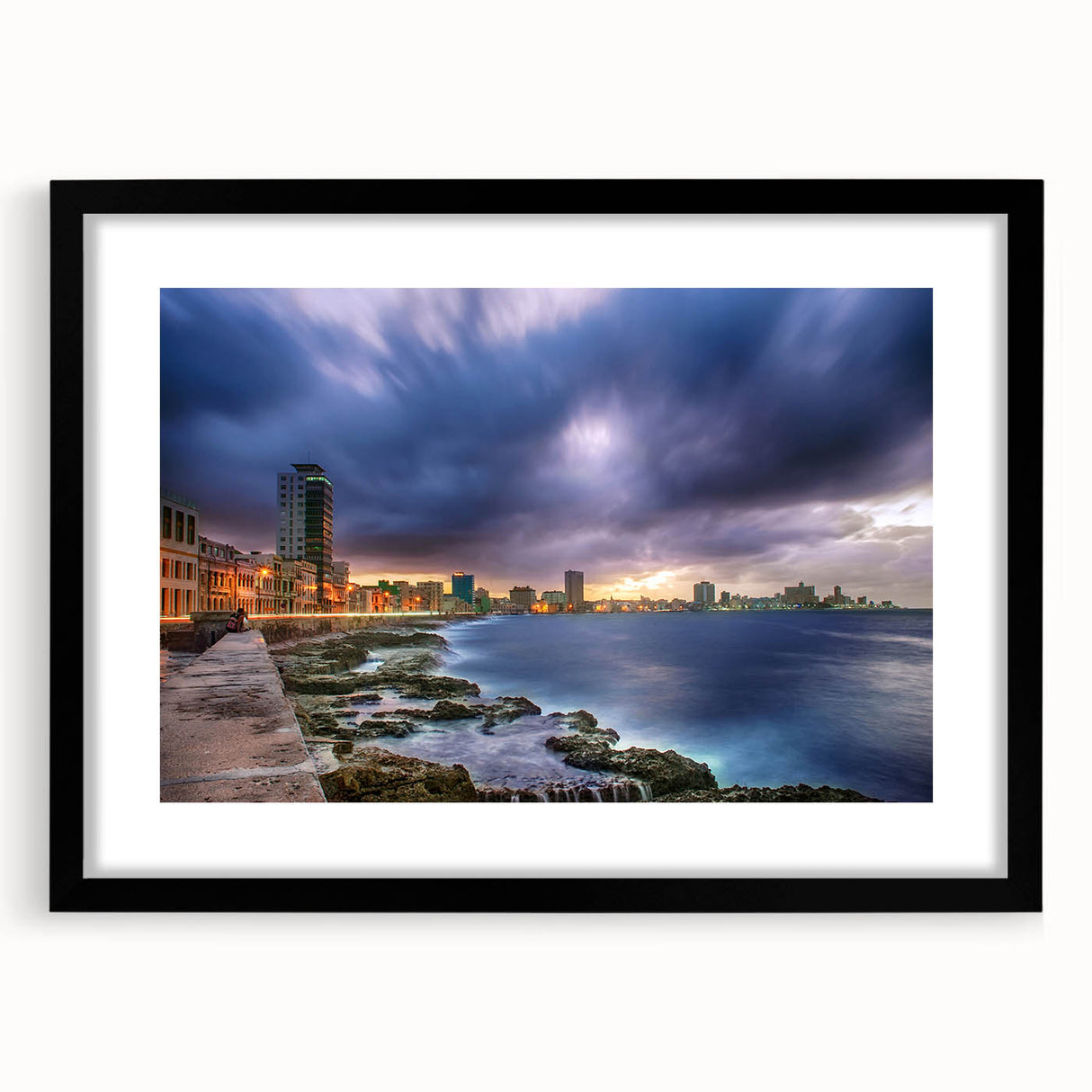 Abstract art print of a Caribbean scene in vibrant colors on a textured, extra-large canvas, framed in black.