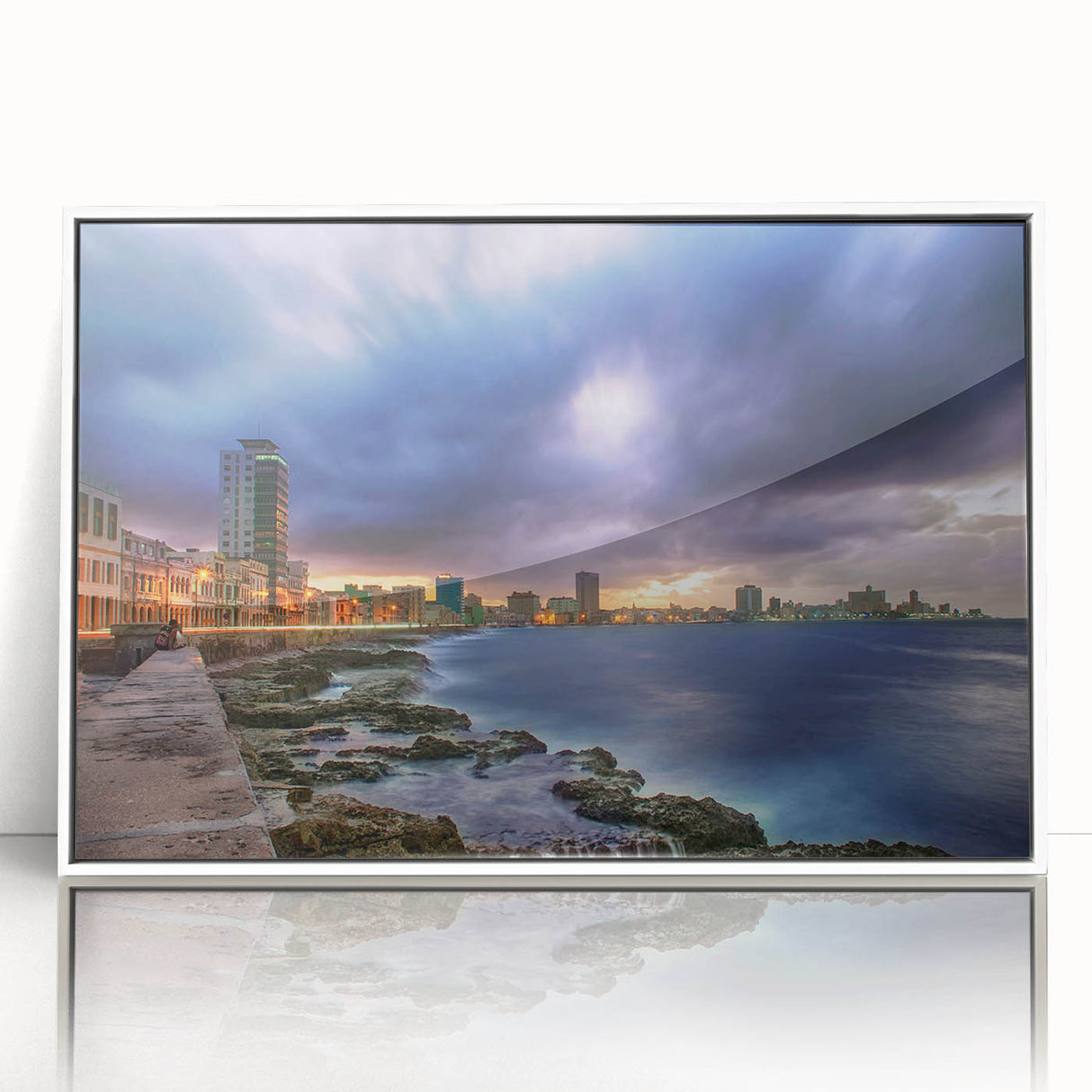 Mid-century modernist art of a Caribbean scenery in vibrant colors, framed acrylic, ideal for nursery wall art.