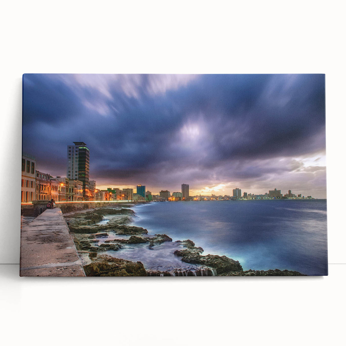 Black and white photo of a vintage car on a Havana street on stretched canvas, suitable as kitchen wall art.