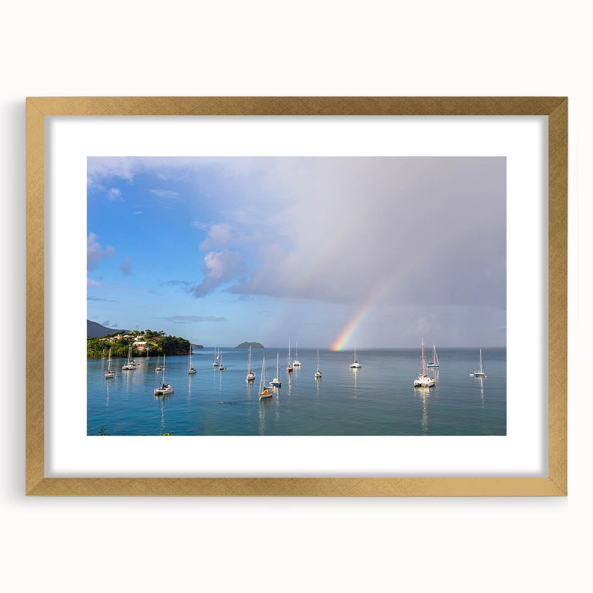 Abstract art print of a Caribbean scenery in muted blue and green tones on a framed canvas, ideal for dining room decor.