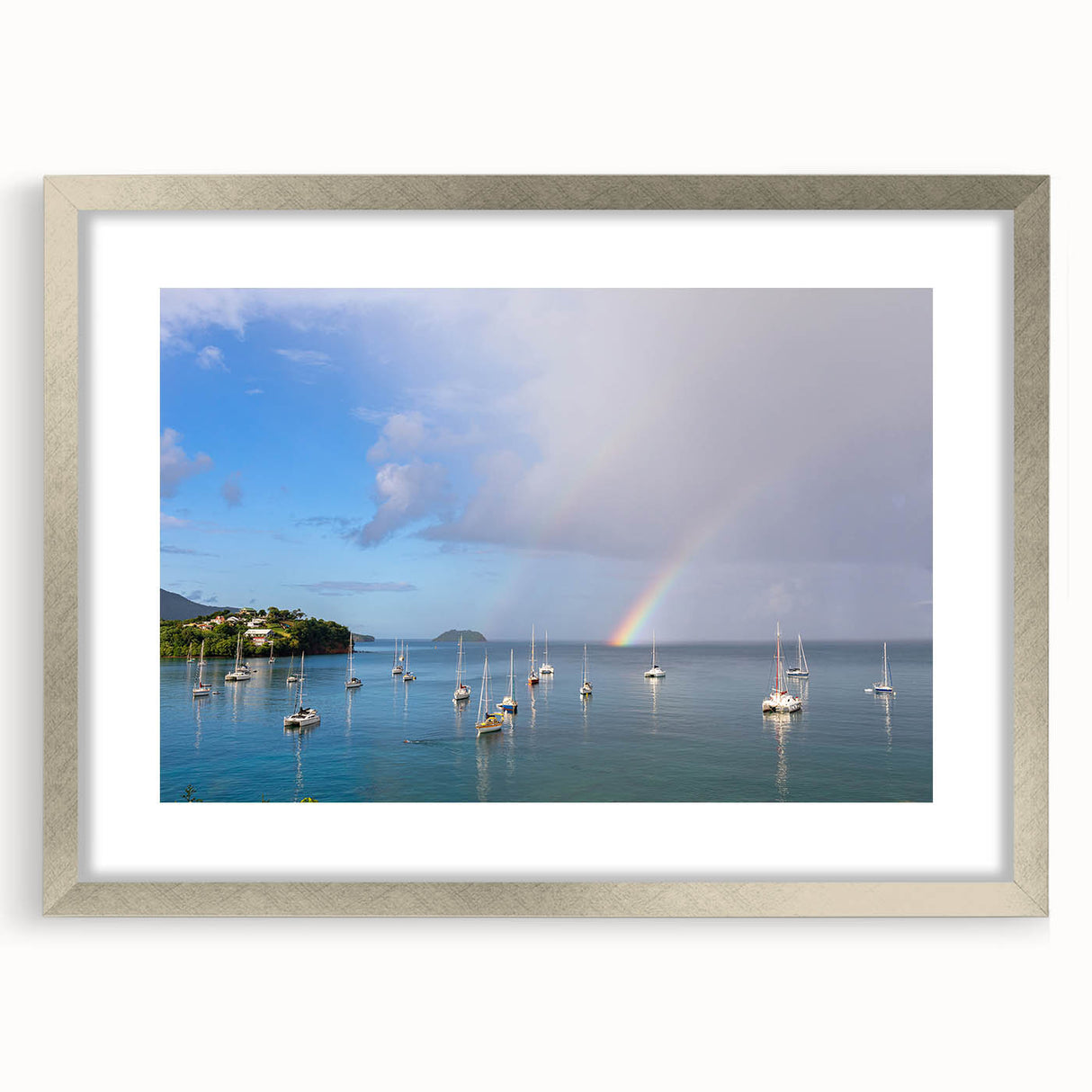 Extra large abstract art print depicting a Caribbean Martinique scenery in textured tones of blue and green.