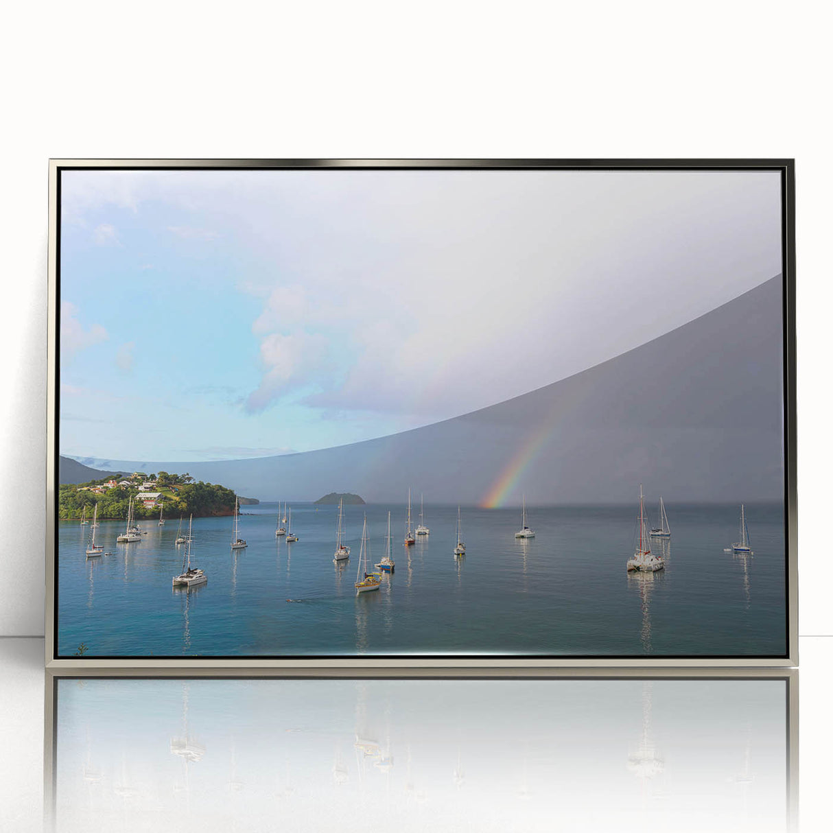 Large art print of a Caribbean Martinique scenery on a silver-framed acrylic, in mid-century modernist style.