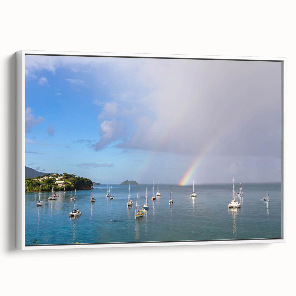 Vintage poster art of a Caribbean Martinique scenery on framed canvas, with vibrant colors, ideal for living room decor.