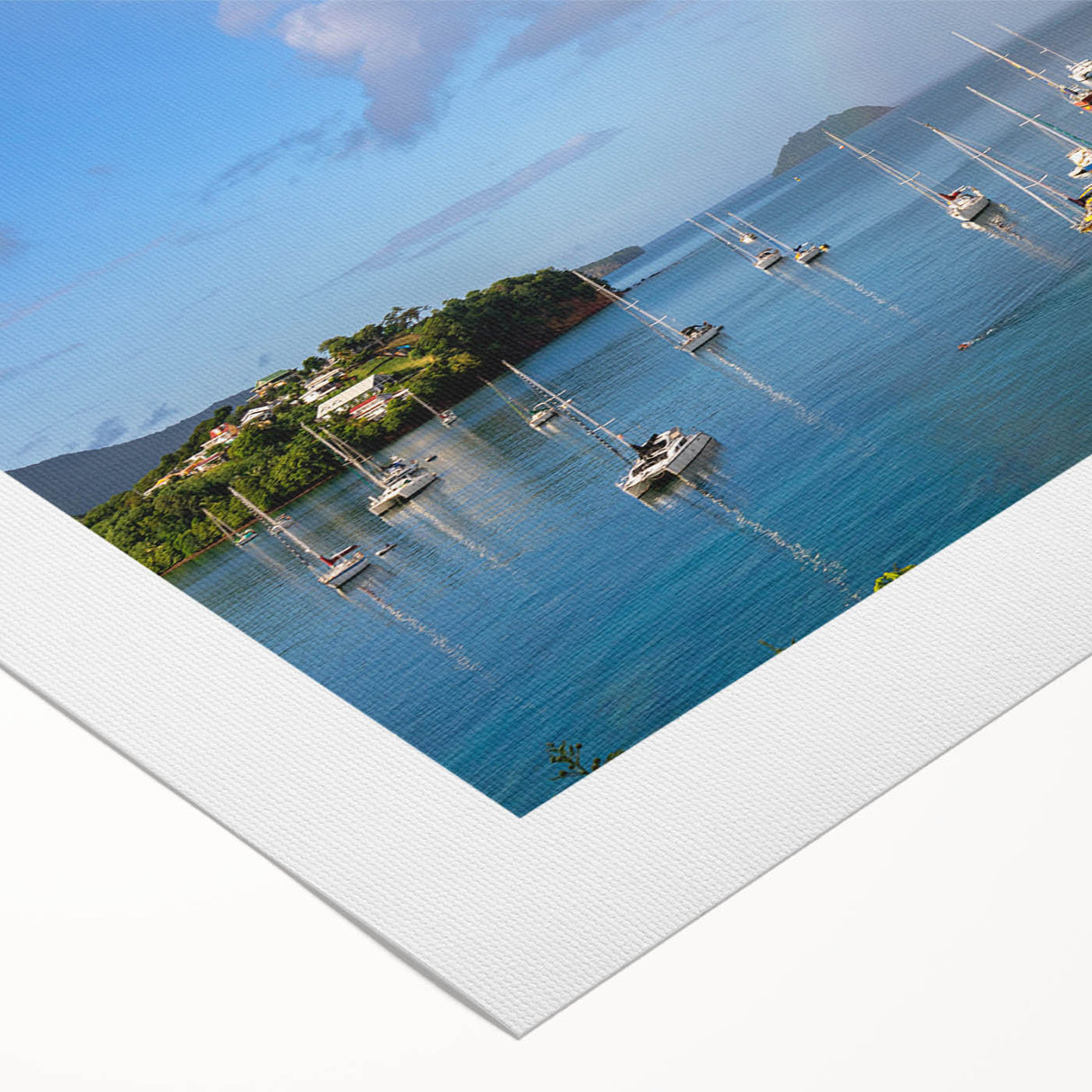 Art deco poster featuring a serene Caribbean landscape on rolled canvas, suitable for dining room or bathroom wall art.