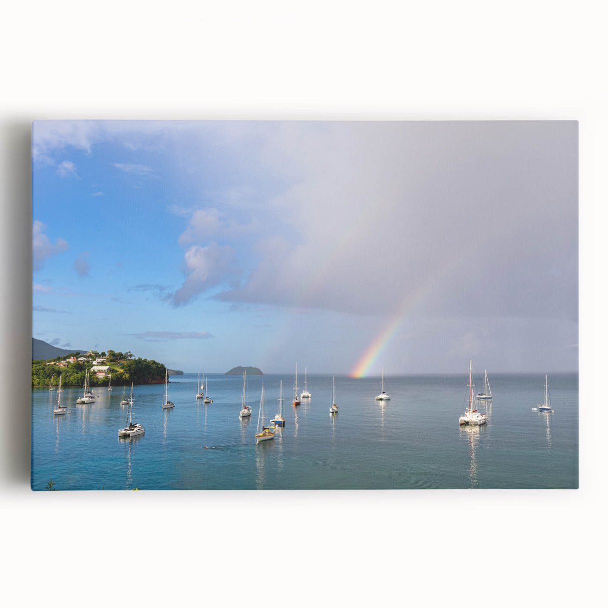 Black and white panoramic Caribbean scenery on stretched canvas, suitable as large kitchen wall art.