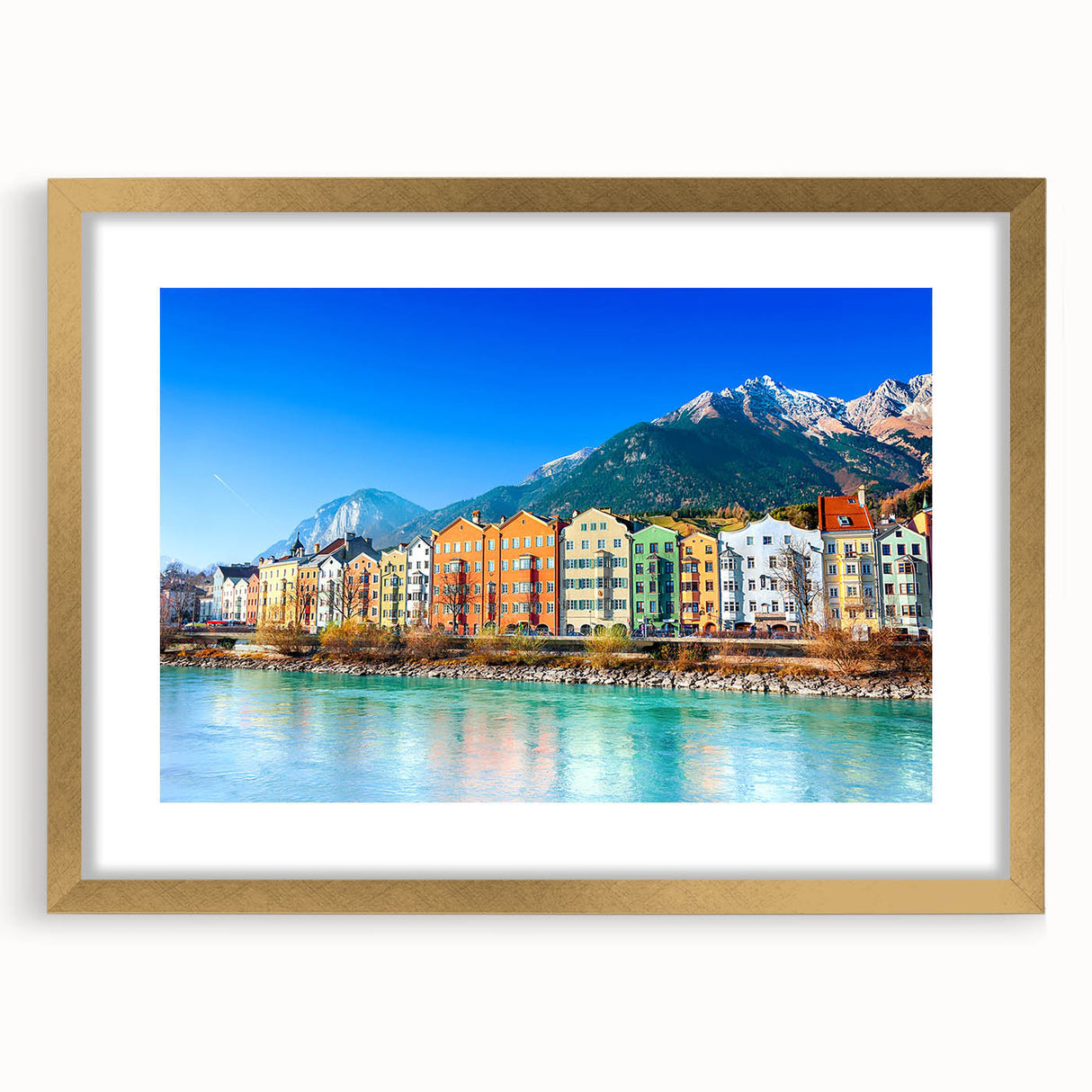 Abstract art print of a European scenery in Austria, with muted earth tones on a framed gold canvas.