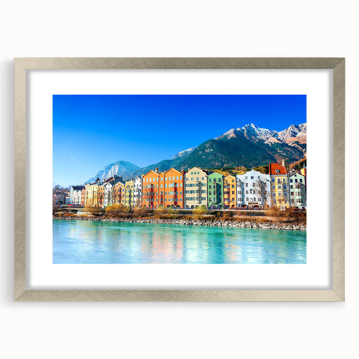 Extra large abstract art print of a textured European scenery in muted earth tones, framed in silver.