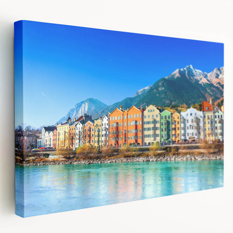 Landscape painting of an Austrian village on stretched canvas, featuring muted earth tones, ideal for kitchen wall art.