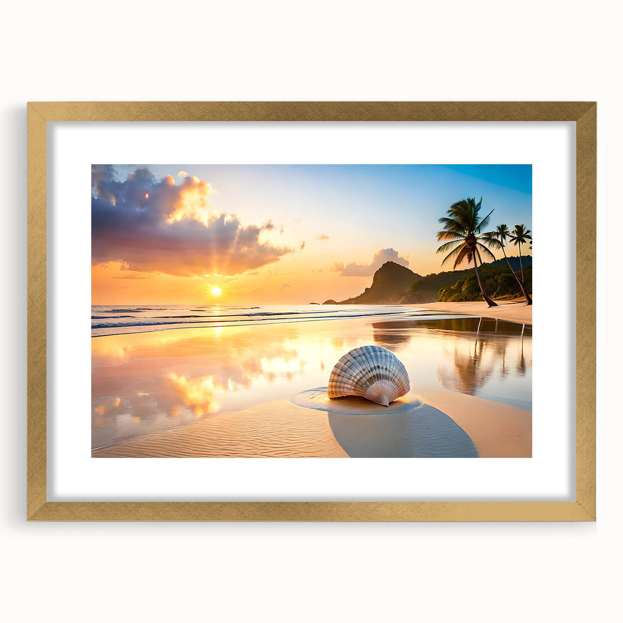 Extra large abstract art print of Cancun scenery in textured shades of blue and green, framed in gold.