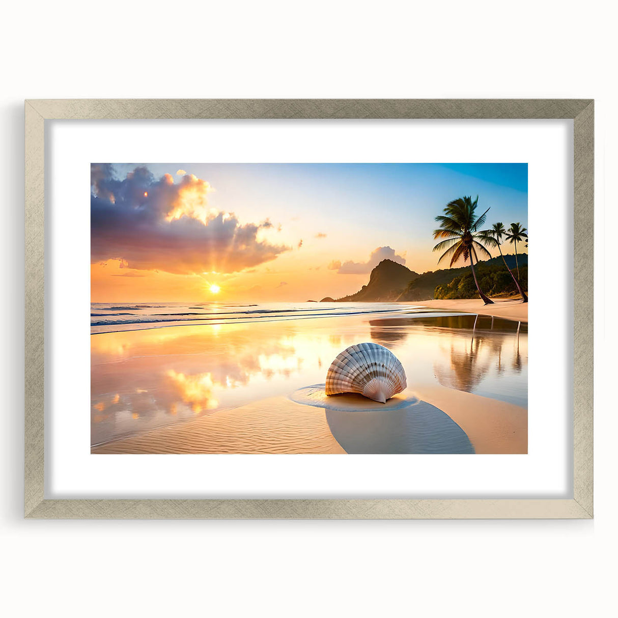 Textured abstract art print of Cancun scenery in muted blue and green shades, framed in silver, suitable for bedroom decor.