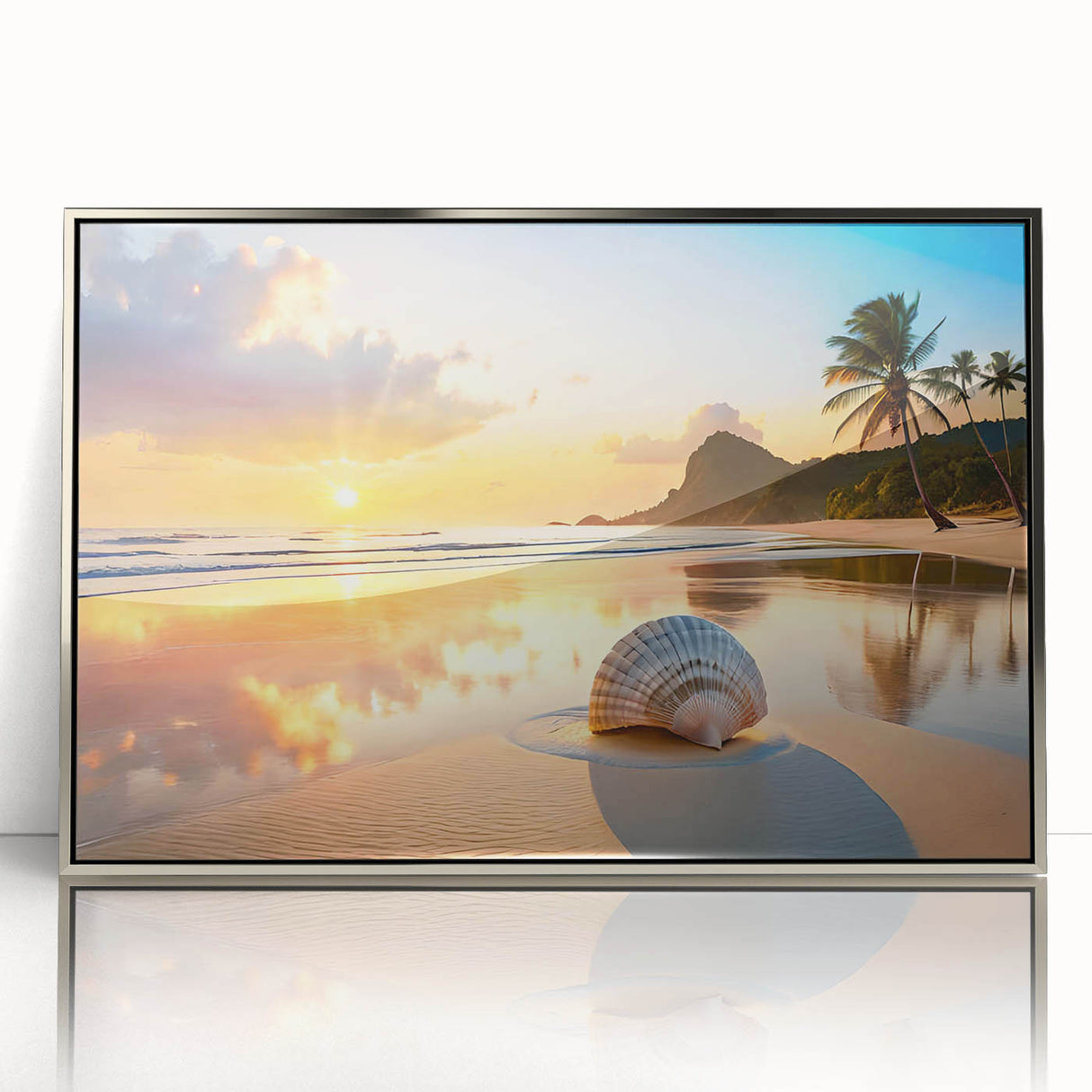 Mid-century modernist art of Cancun scenery in muted blue and green tones on a framed acrylic print.