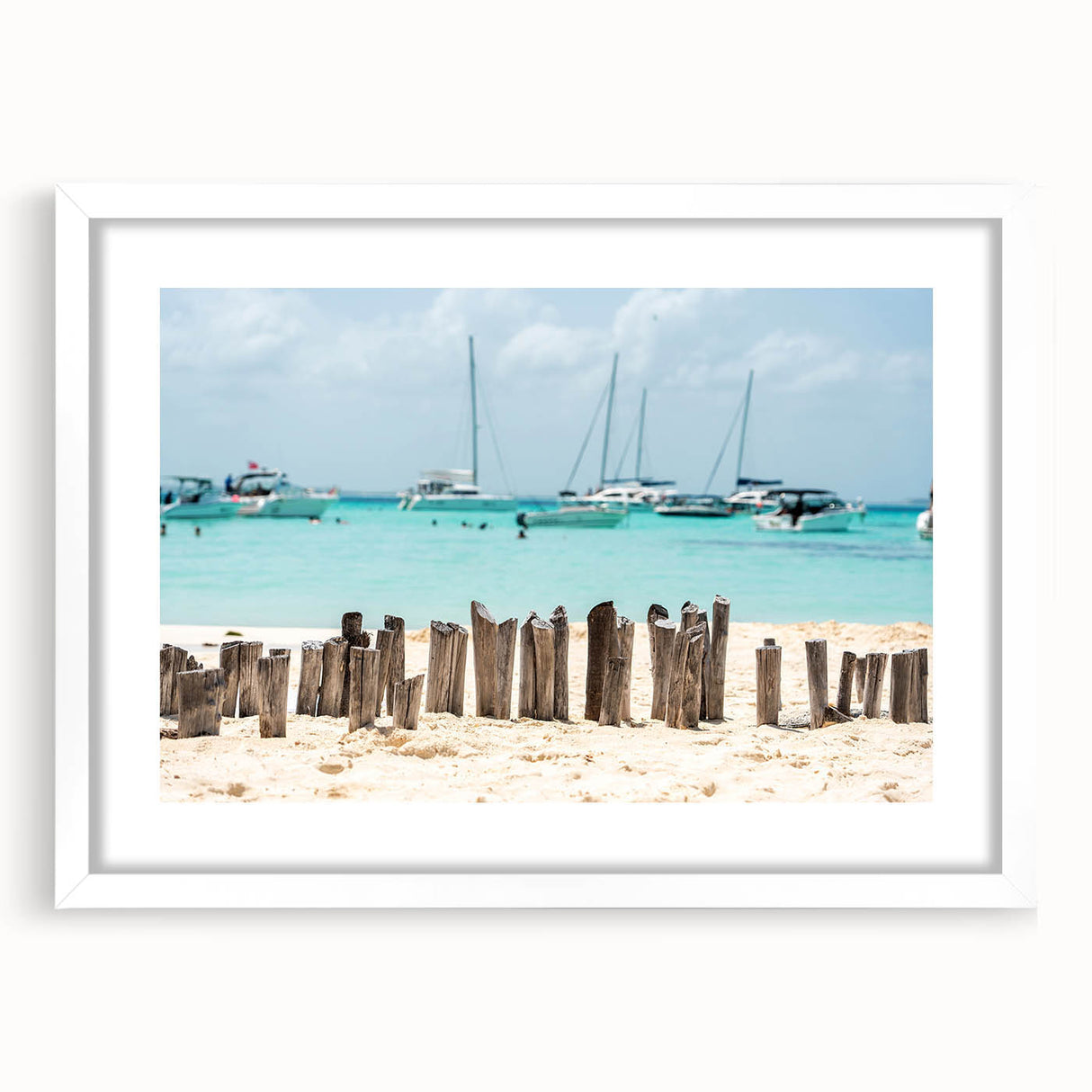 Abstract art print of Quintana Roo landscape in muted green and blue tones on a framed white mat.