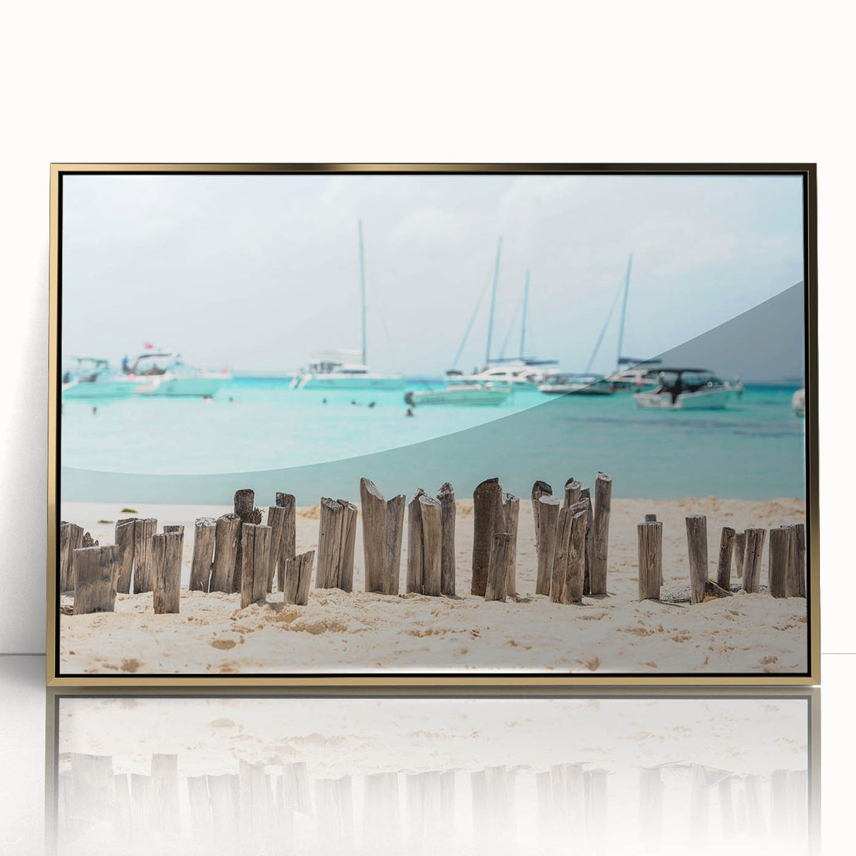 Large art print of Quintana Roo scenery in gold frame, featuring mid-century modernist style.