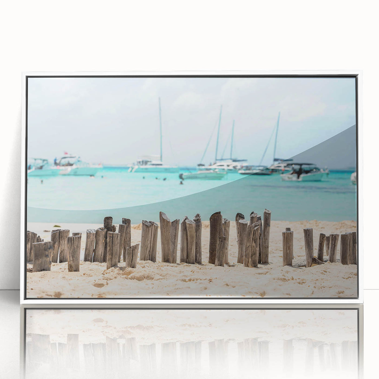 Art deco poster depicting a serene Quintana Roo scenery, in muted blue and green tones, framed in white acrylic.