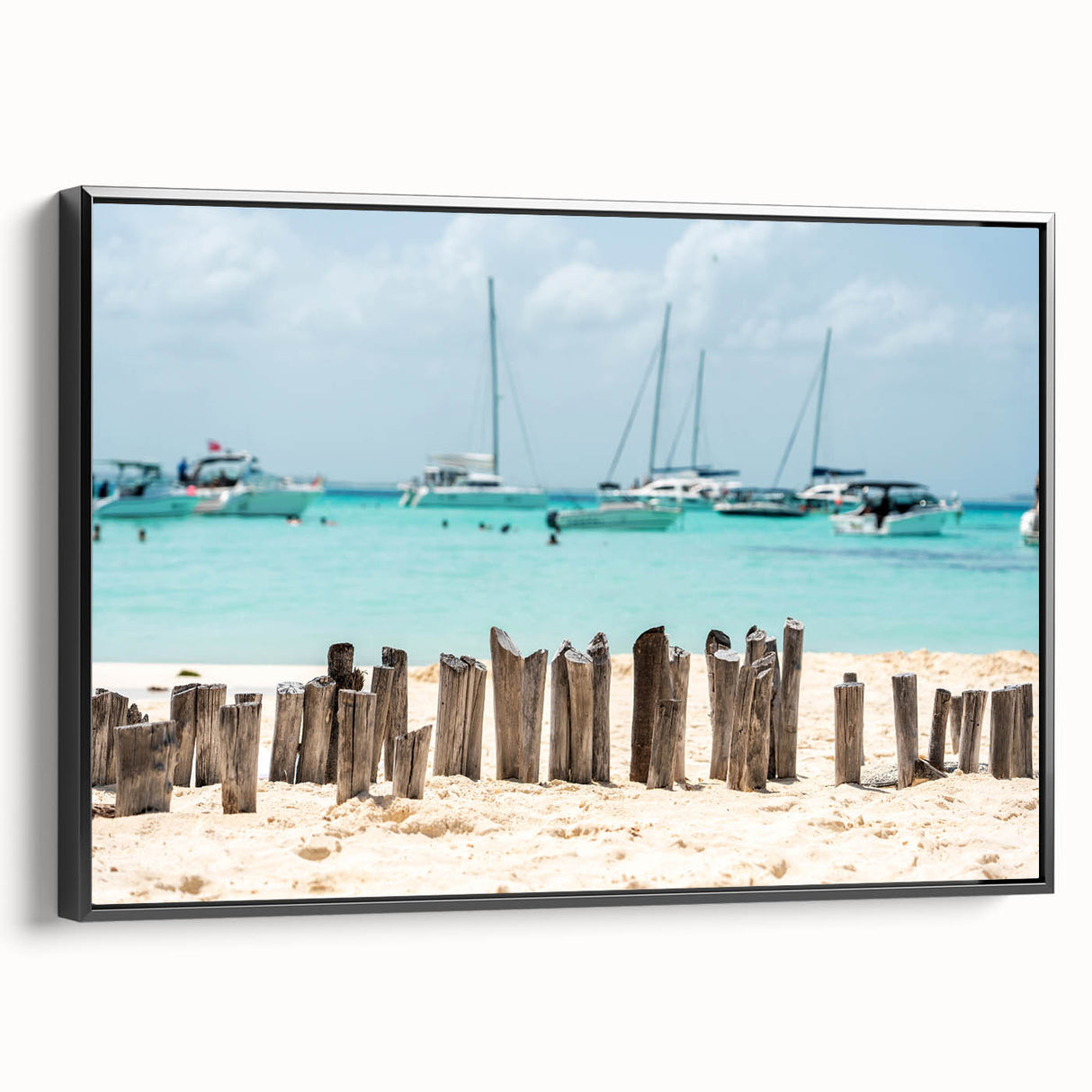 Black and white framed canvas of Quintana Roo landscape, vintage poster style, ideal for bedroom decor.