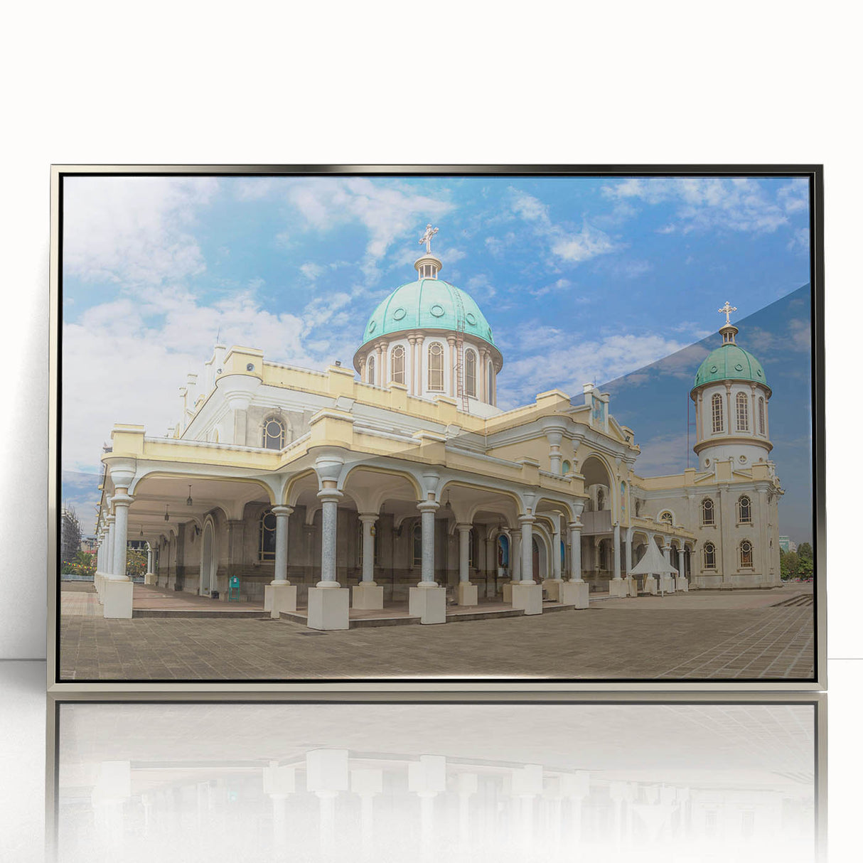 Acrylic print of an Ethiopian landscape in muted earth tones, framed in silver, suitable for modern art wall decor.