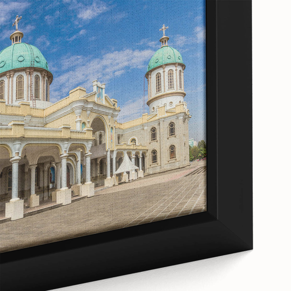 Extra large framed canvas featuring a textured, colorful Ethiopian landscape, ideal for living room decor.