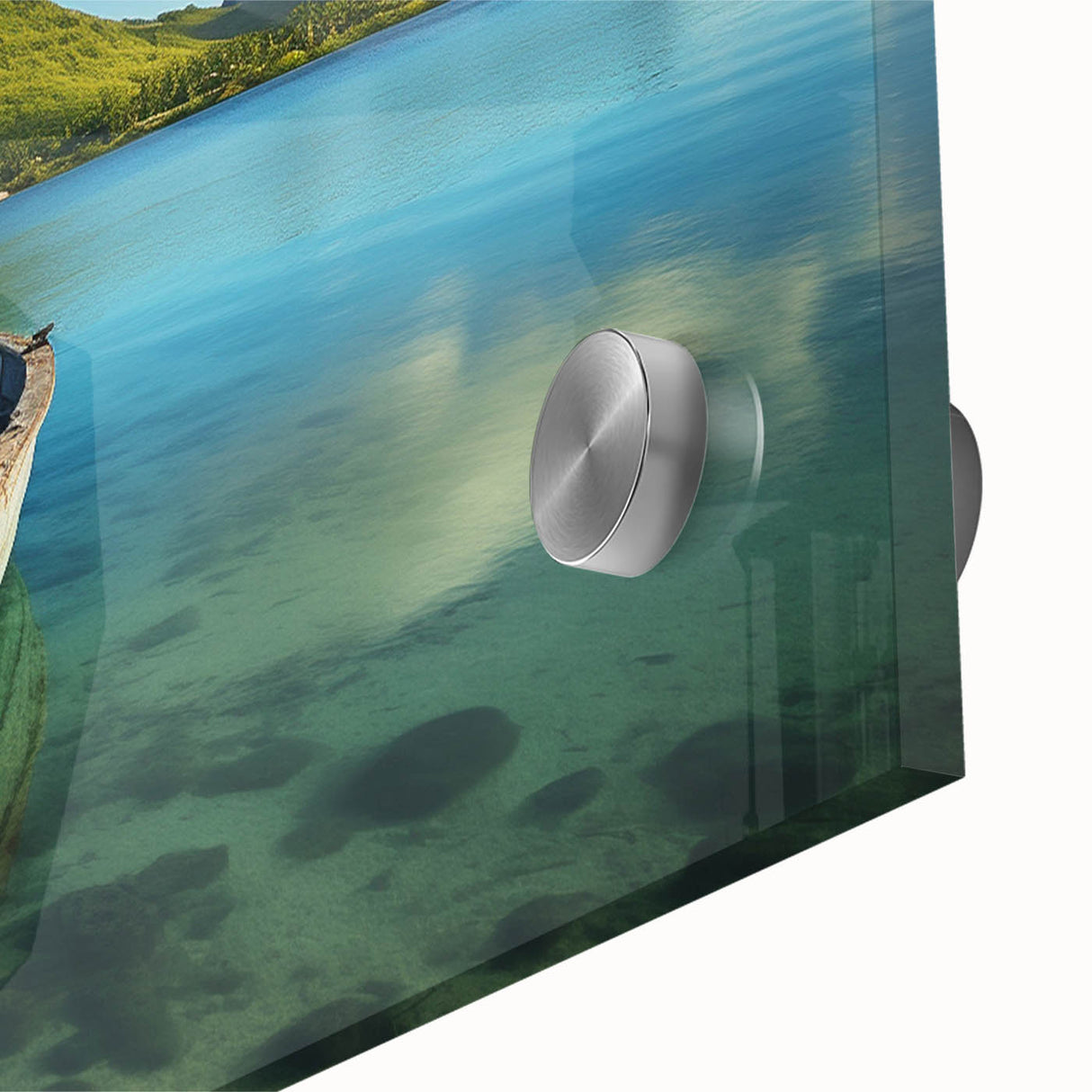 Large abstract wall art depicting a Mauritian landscape in vibrant hues on acrylic glass, suitable for dining room ambiance.