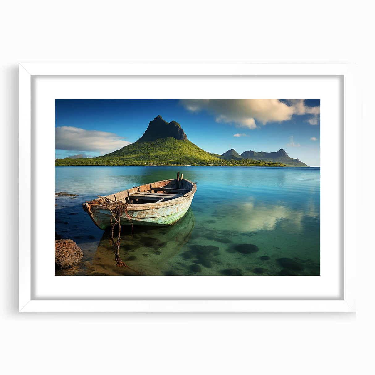 Extra large textured abstract art print of a Mauritian landscape, in muted earth tones on a framed canvas.