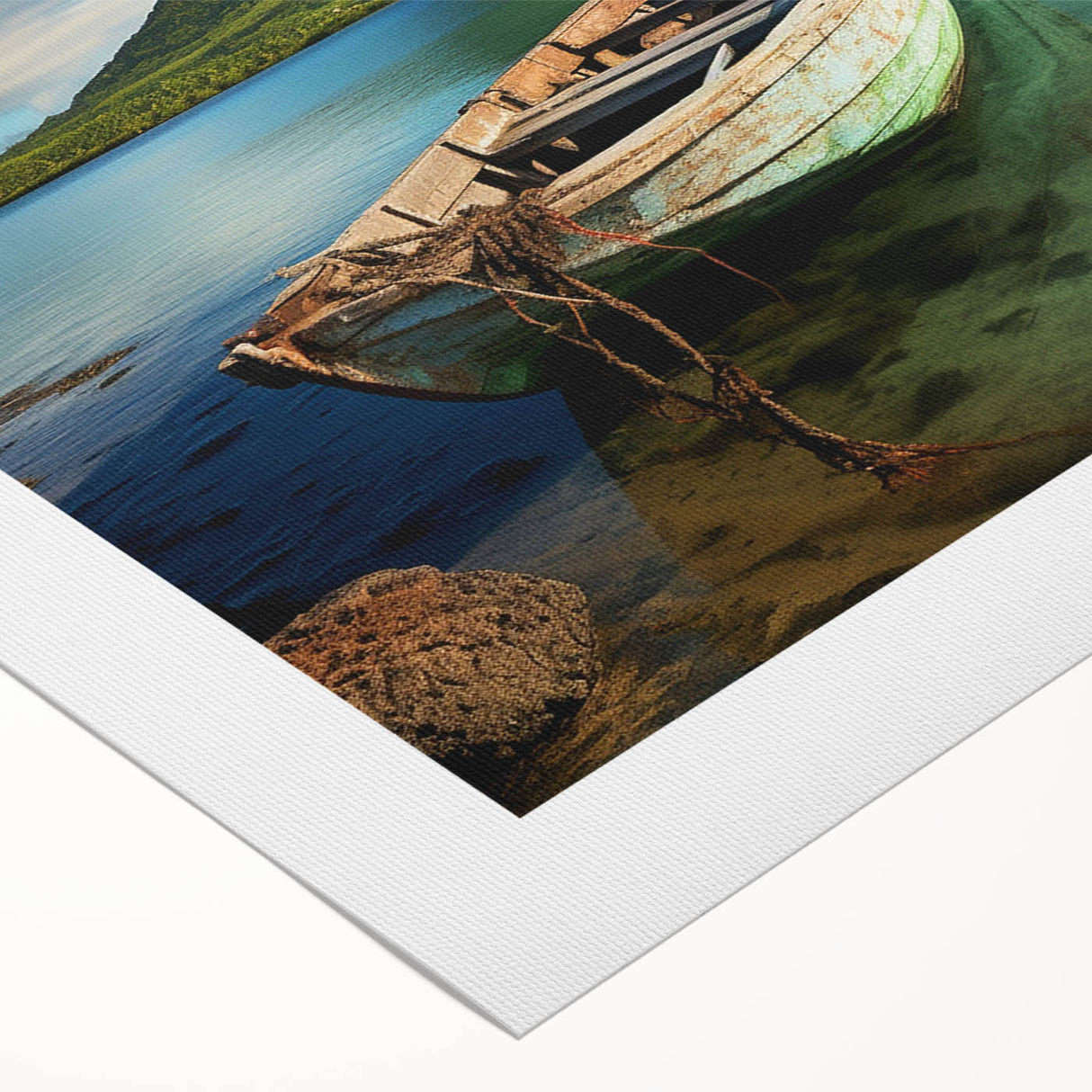 Art deco poster featuring a scenic view of Mauritius with vibrant blue and green tones on rolled canvas.