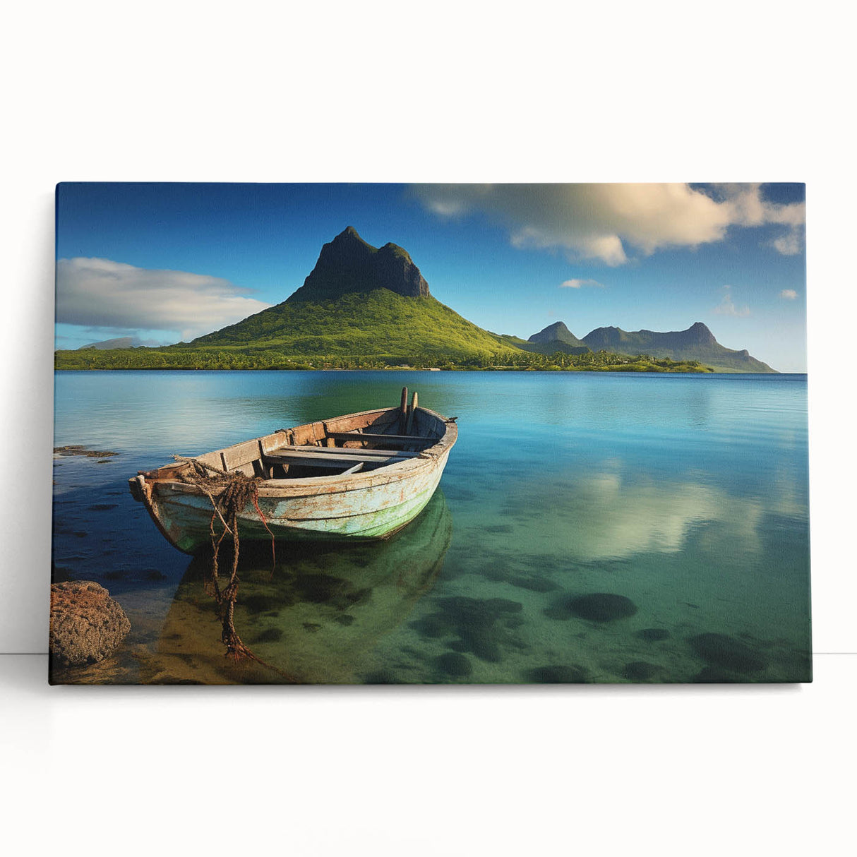 Black and white stretched canvas of a serene Mauritius landscape, ideal for kitchen wall art or bedroom ambiance.