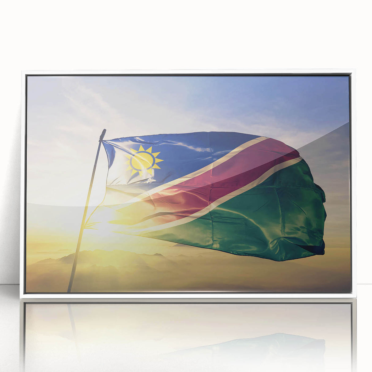 Mid-century modernist art depicting the African landscape in muted earth tones on a framed acrylic print.