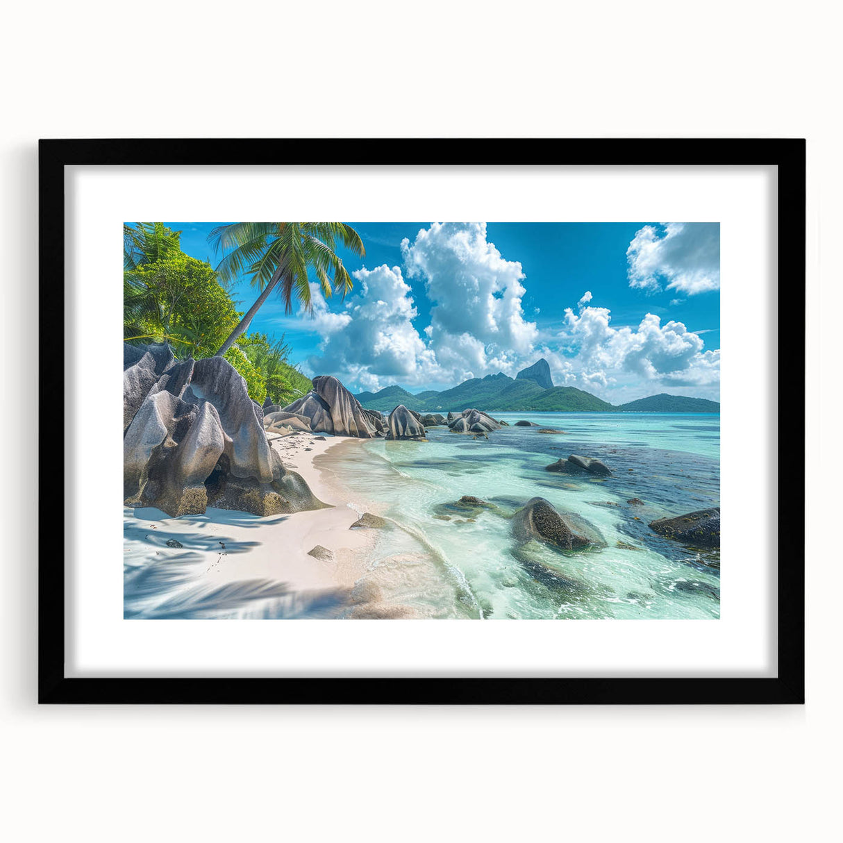 Extra large colorful abstract art print of a Seychelles scenery on textured canvas, framed in black.