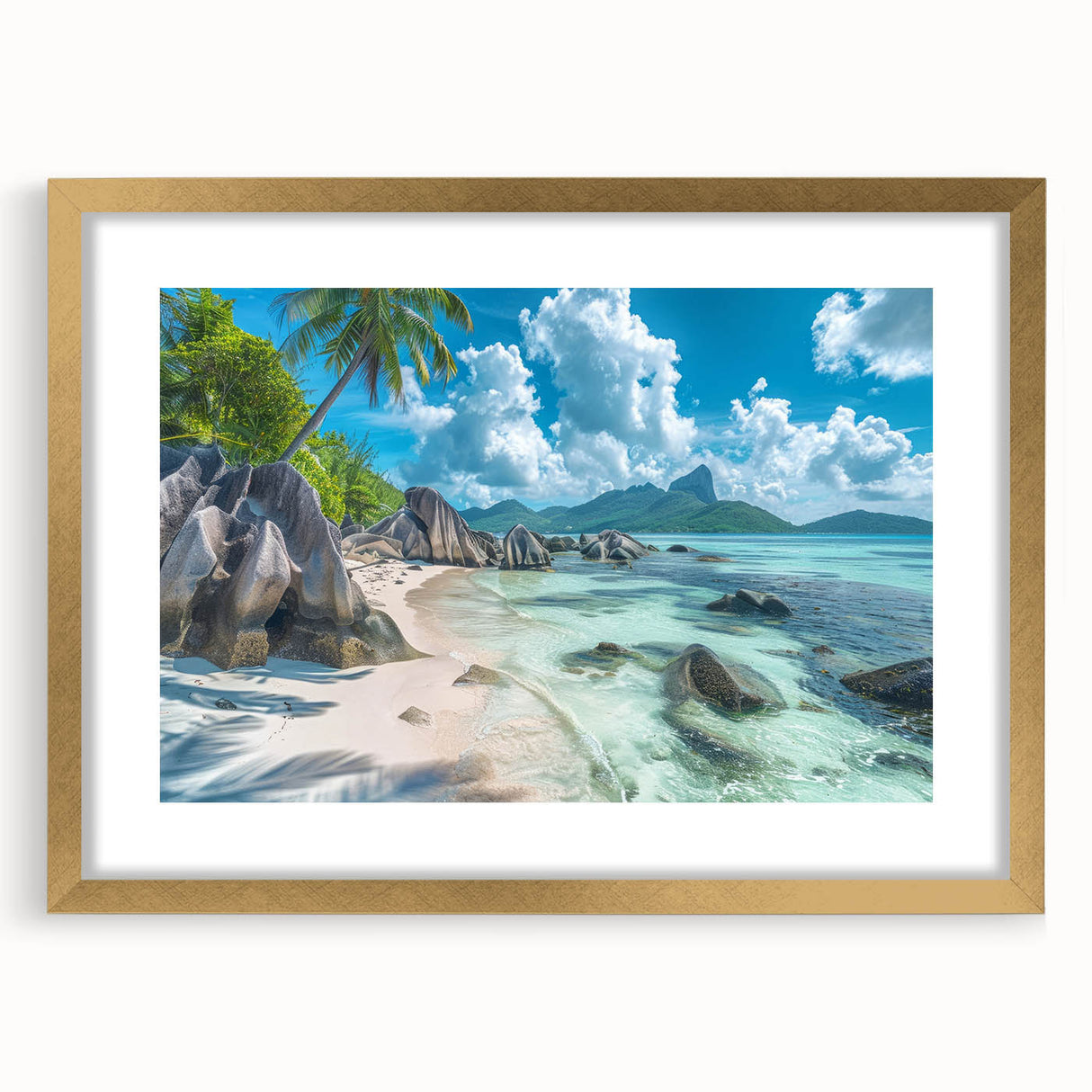 Abstract art print of Seychelles scenery in gold frame, featuring vivid blue and green tones, ideal for dining room decor.