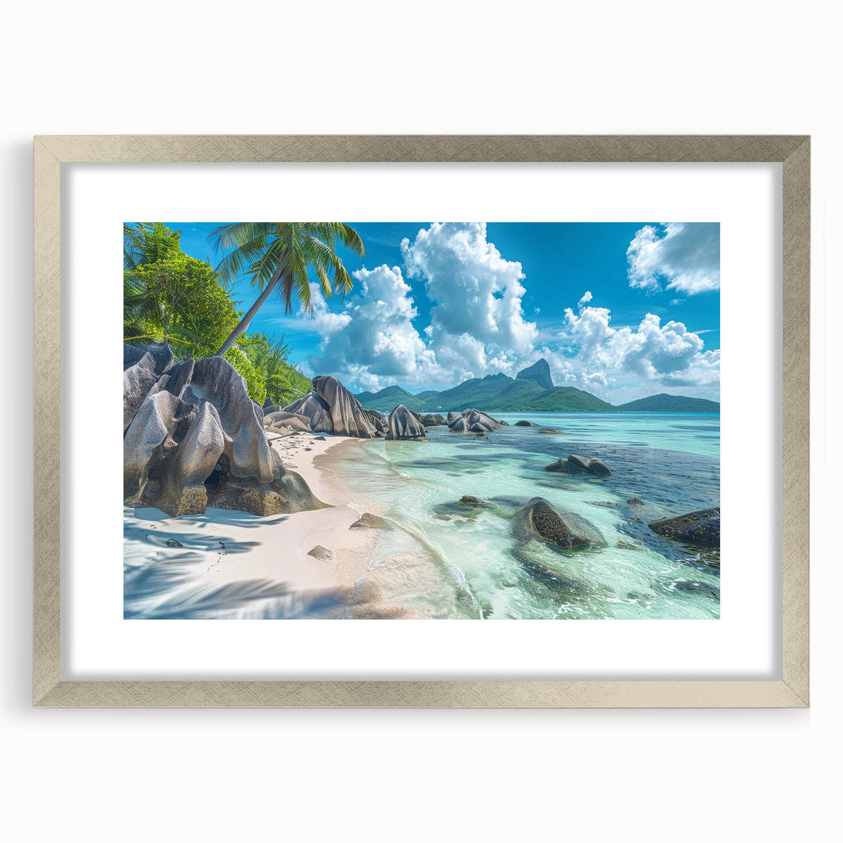 Extra large wall art depicting an abstract, textured scene of the Seychelles in muted blues and greens, framed in silver.