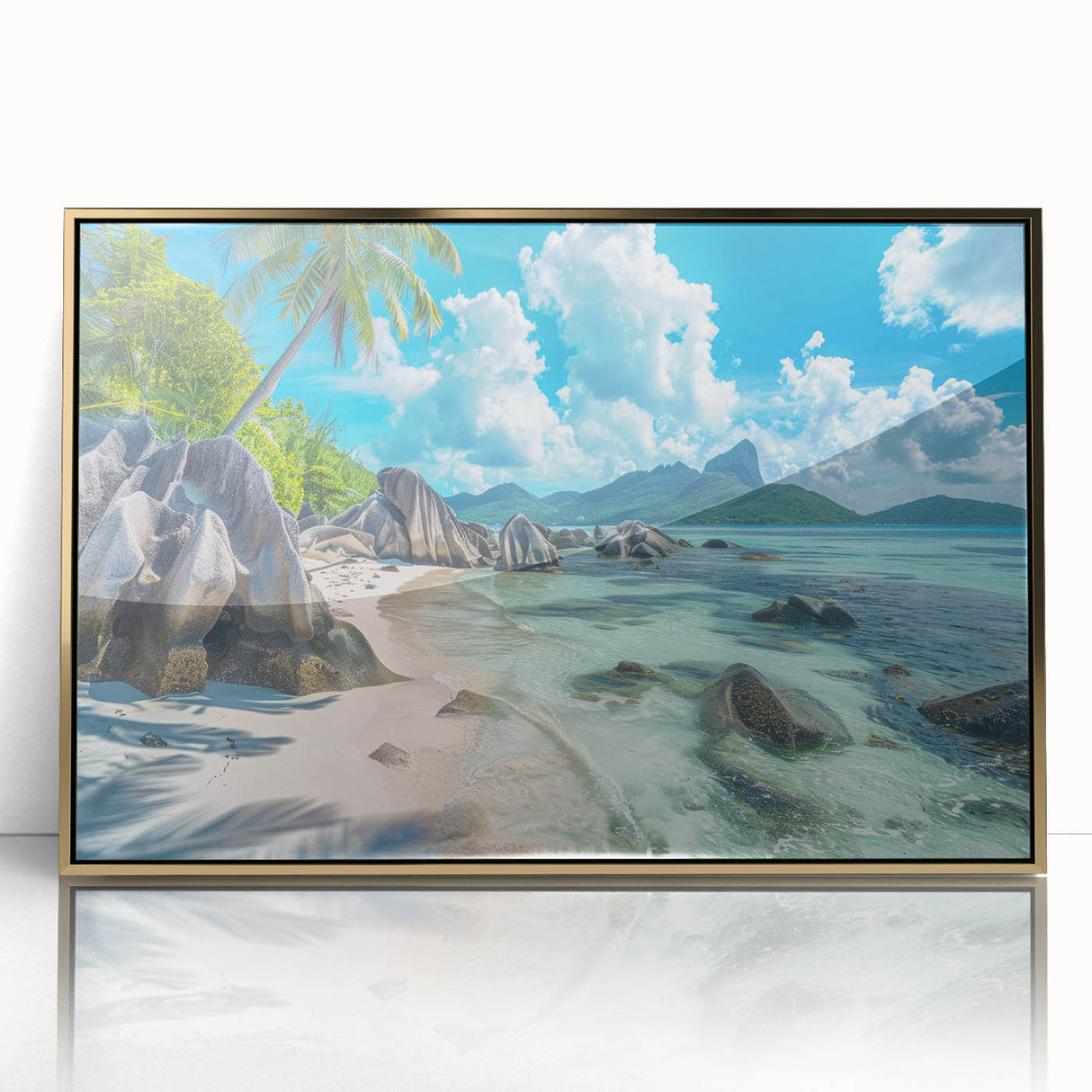 Acrylic print of a Seychelles scenery in art deco style, framed in gold, ideal for modern art wall decor.