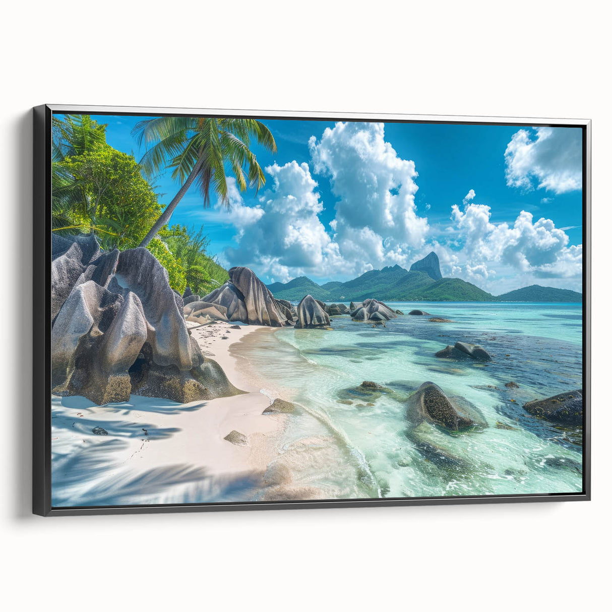 Black and white landscape art of Seychelles on framed canvas, ideal for bedroom wall decor.