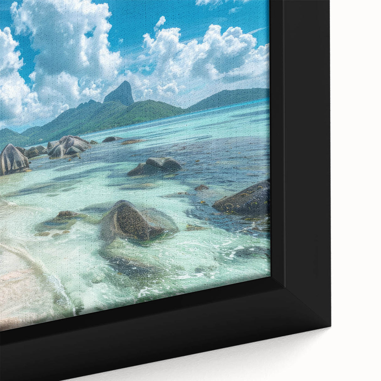Extra large framed canvas featuring a textured, colorful African Seychelles scenery, ideal for living room decor.