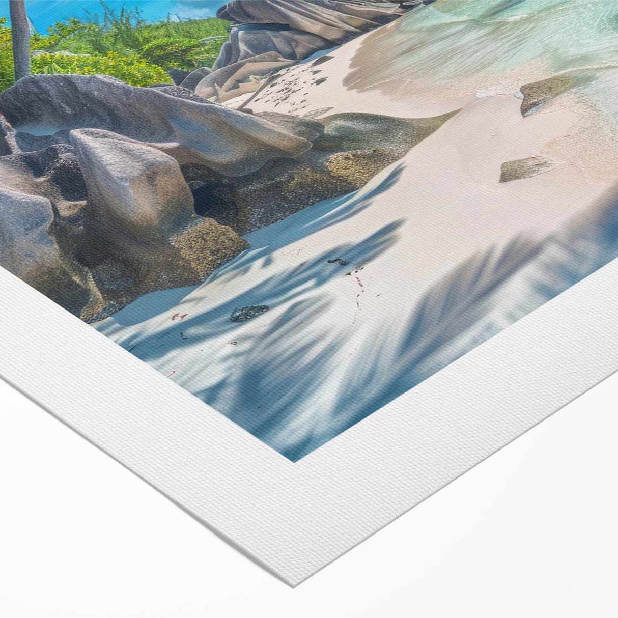 Art deco poster of Seychelles scenery on rolled canvas, featuring vibrant blue and green tones.