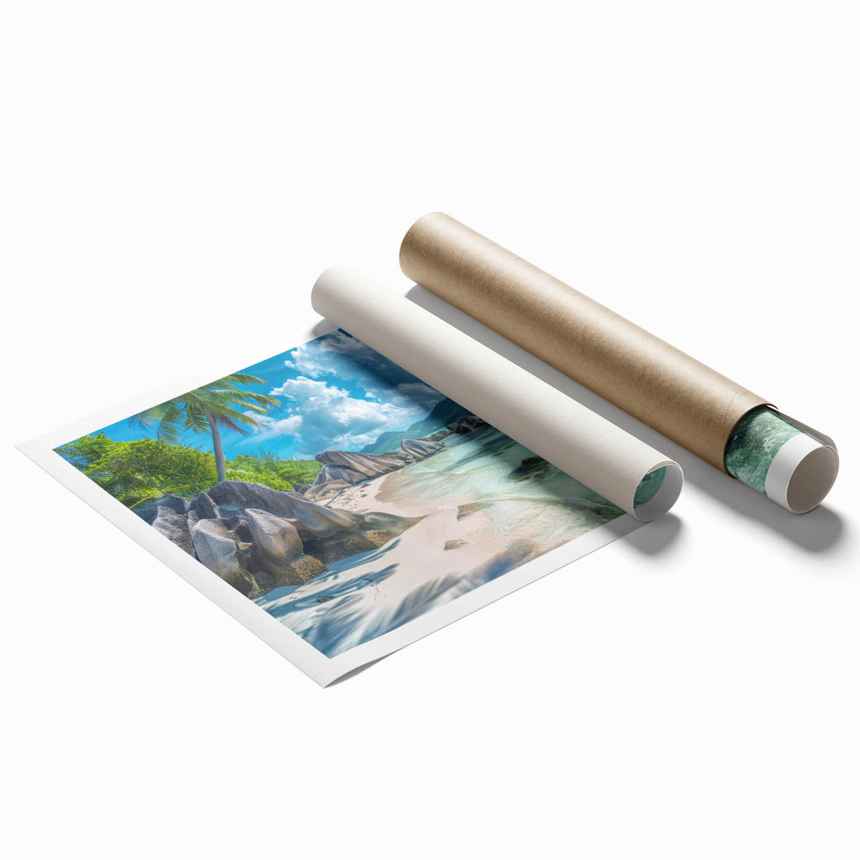 Extra large rolled print of Seychelles scenery with vibrant green and blue tones, ideal for classy bathroom wall art.
