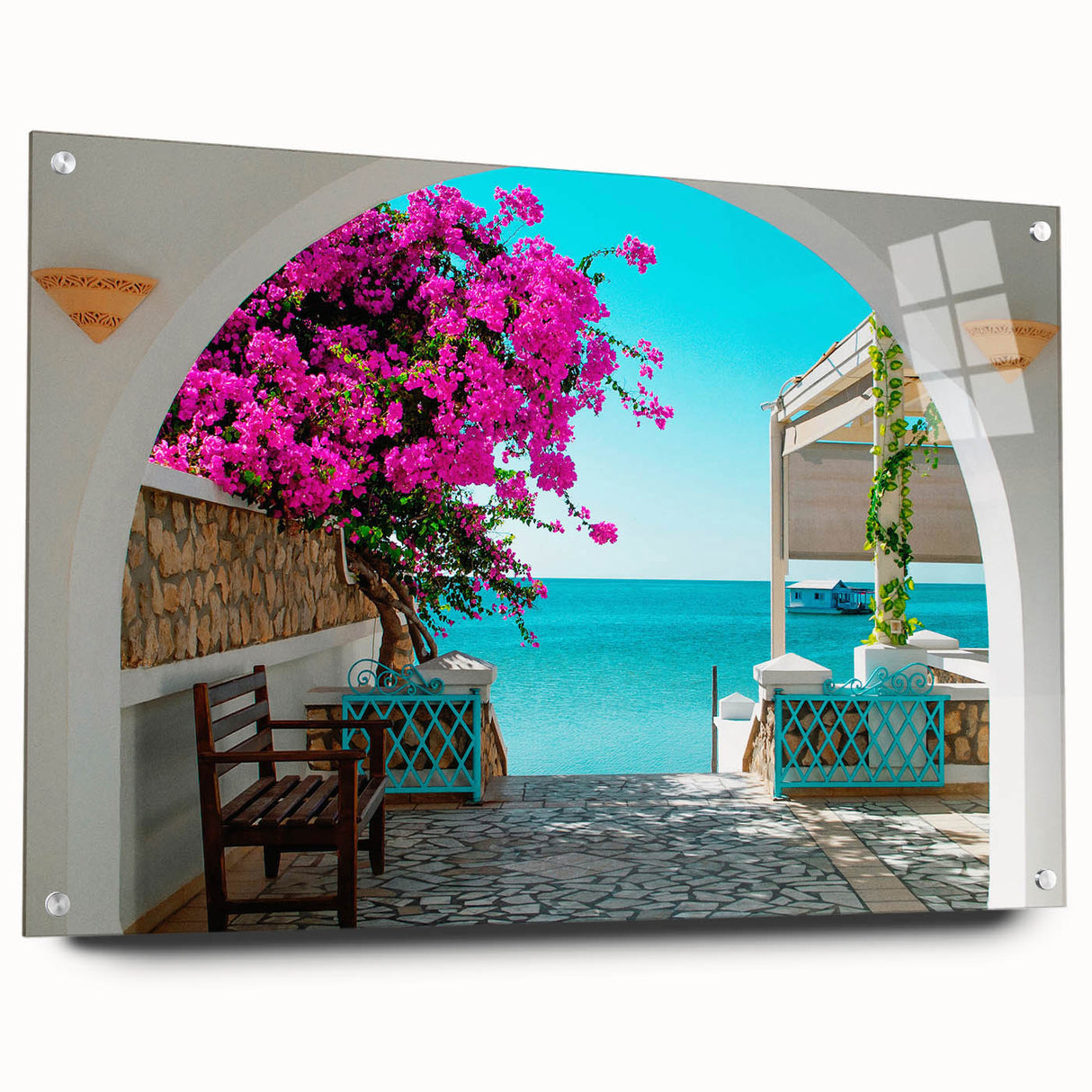 Large abstract wall art depicting a Tunisian landscape on acrylic glass, suited for bedroom or dining room decor.