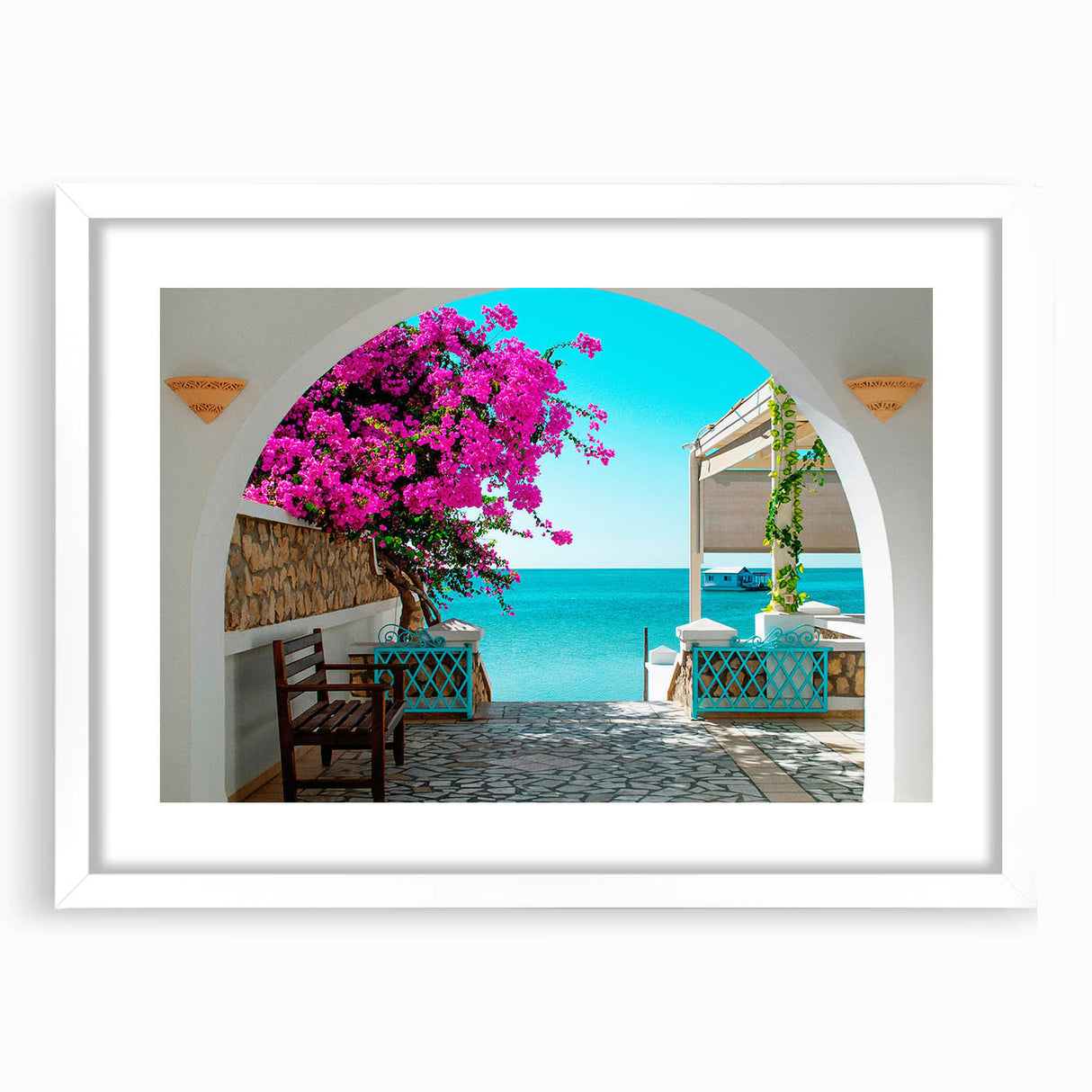 Abstract art print depicting a Tunisian landscape in muted earth tones on a framed white mat, ideal for dining room decor.