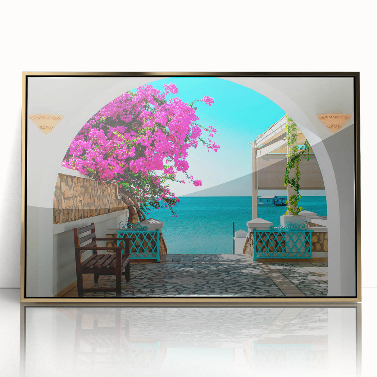 Large art print of a Tunisian landscape on framed acrylic, featuring mid-century modernist style with gold and earth tones.