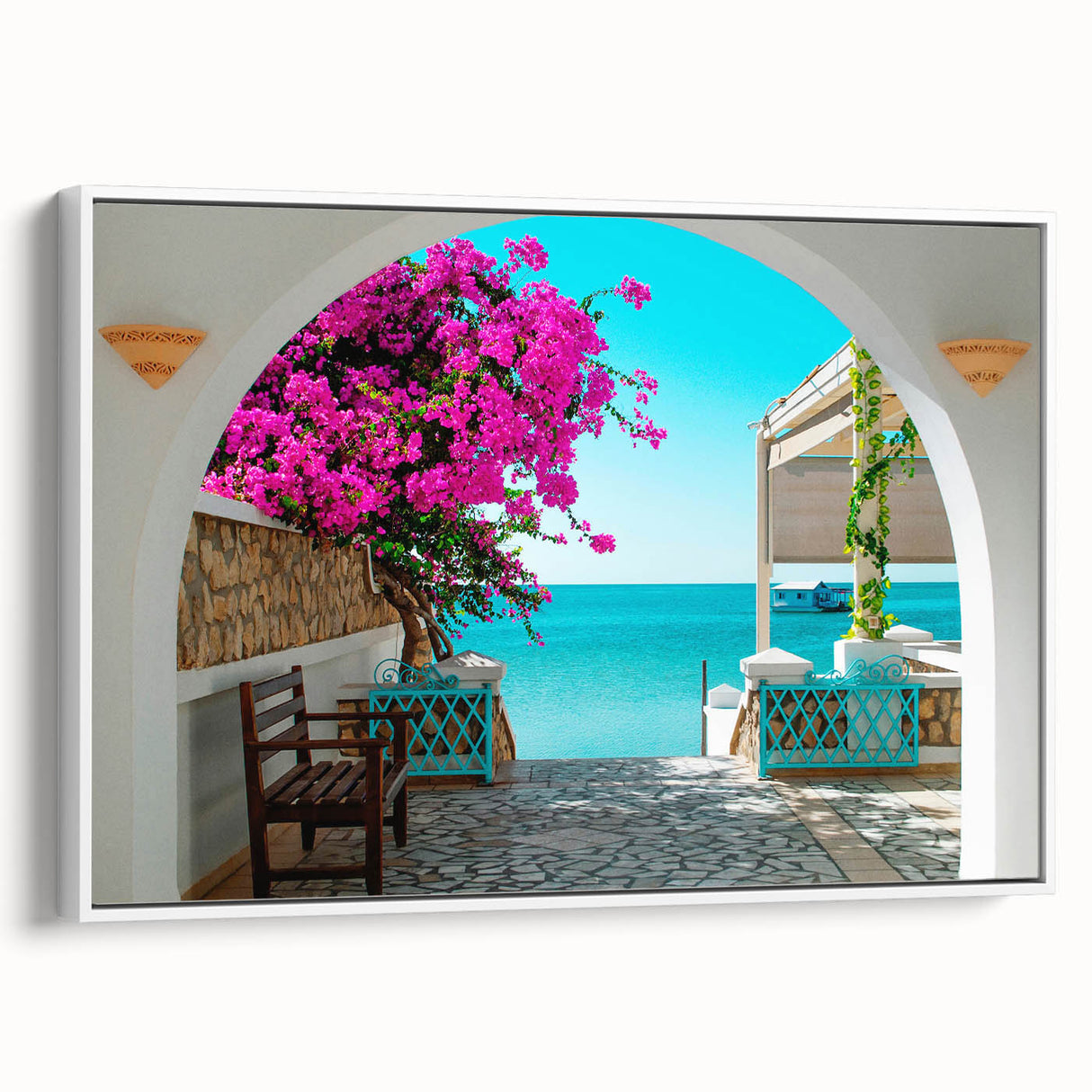 Vintage poster art of a Tunisian landscape on a framed canvas, featuring a palette of earth tones.