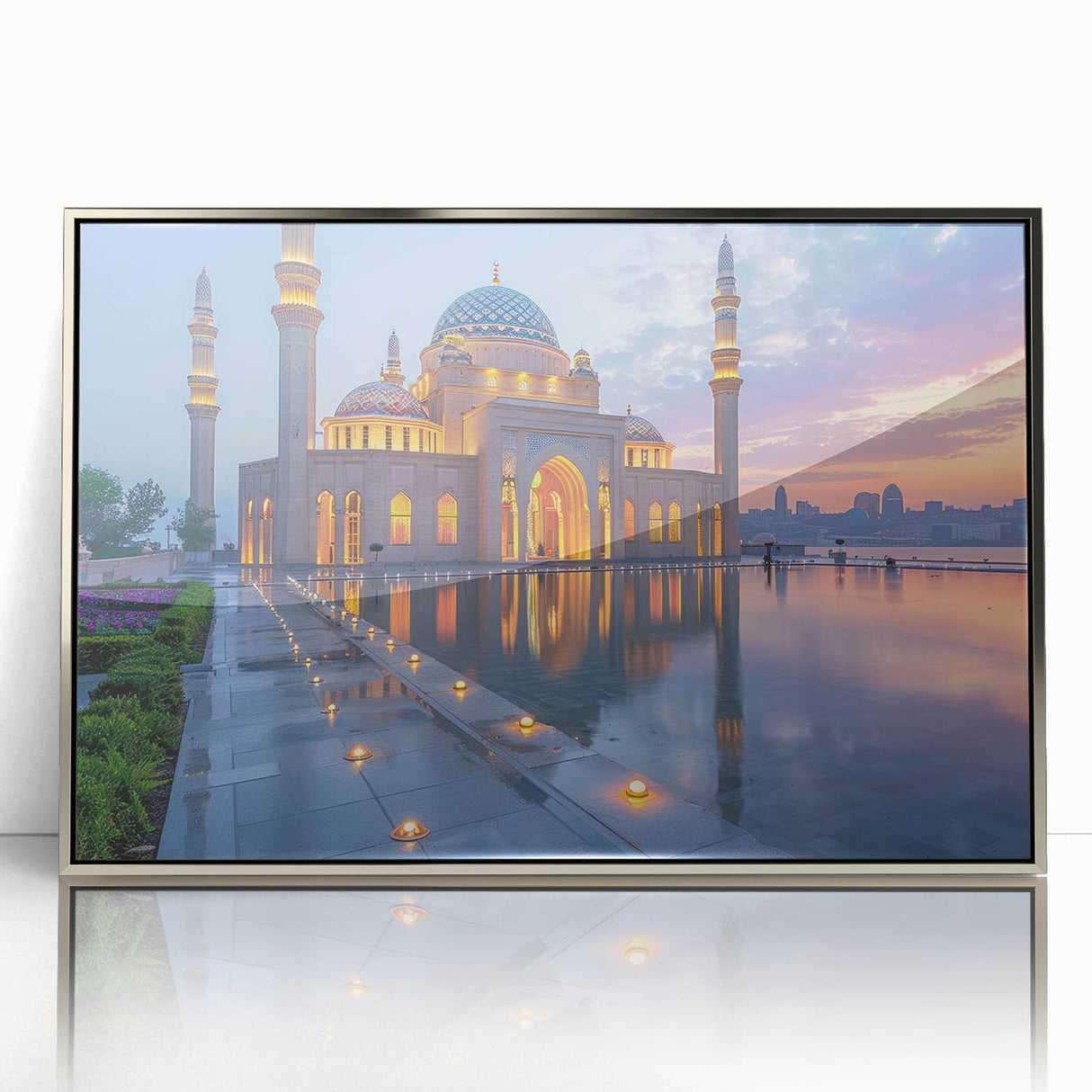 Mid-century modernist art depicting Azerbaijan scenery in silver acrylic frame, ideal for modern art wall decor.