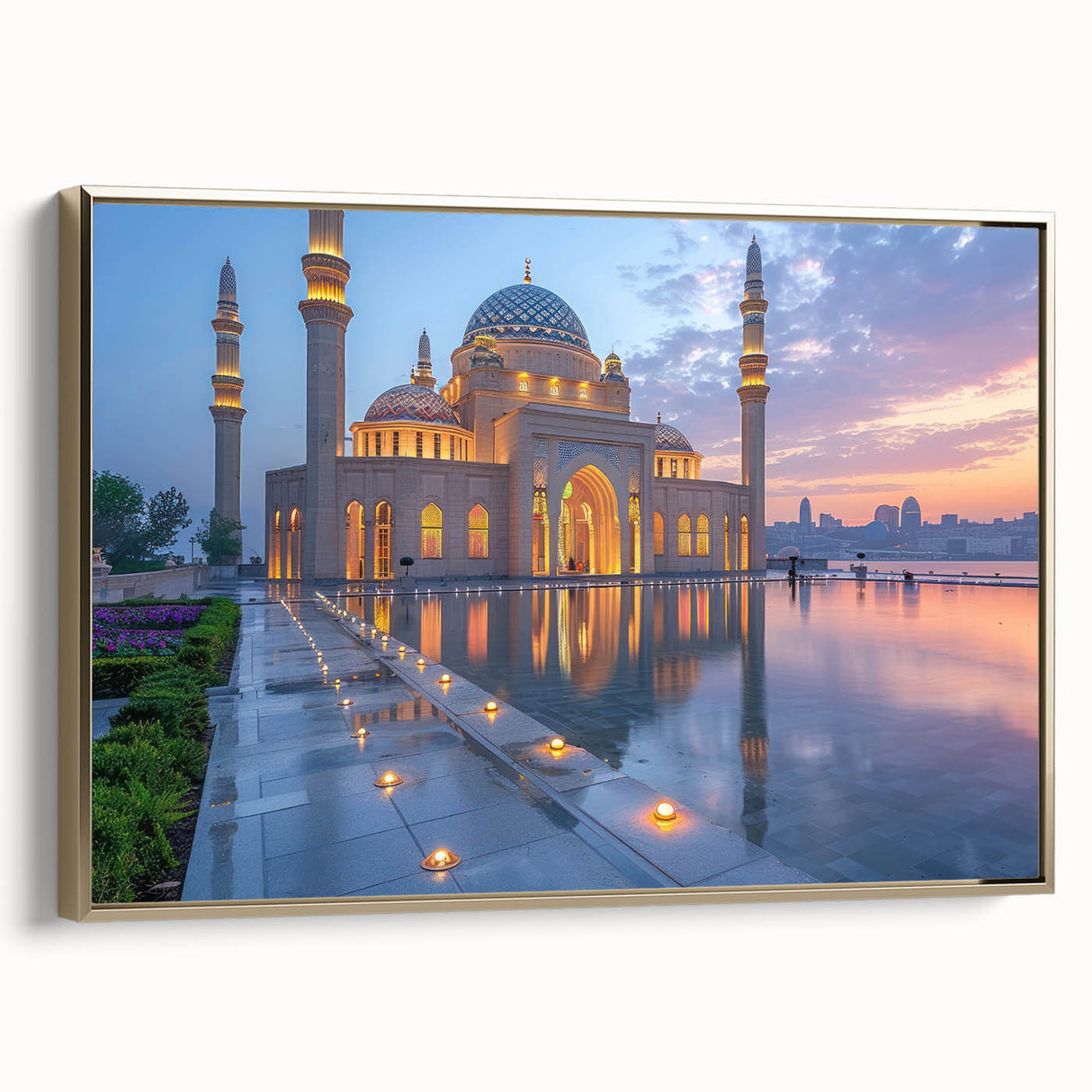 Framed canvas featuring a vintage-style landscape painting of an Azerbaijani scenery, with muted gold and black tones.