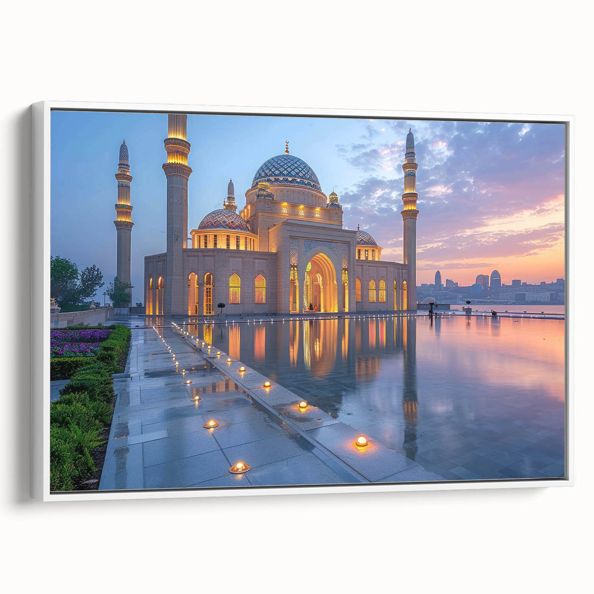 Vintage poster art depicting a scenic Azerbaijani landscape on a framed canvas, with vibrant colors.