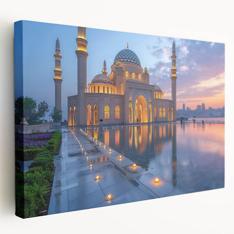 Side view of a stretched canvas featuring an Asian-Azerbaijani scenic landscape in muted earth tones.