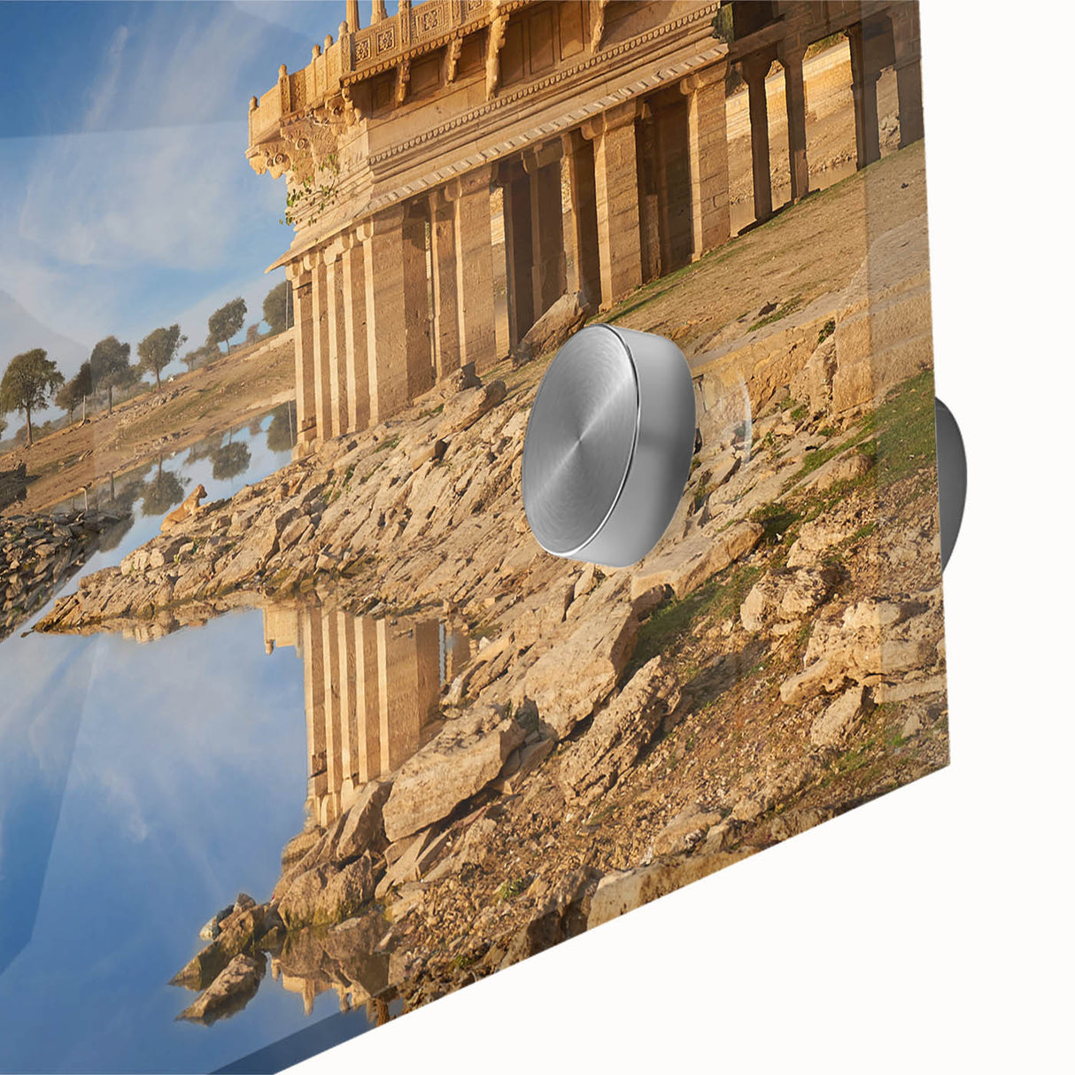 Large abstract wall art depicting a mid-century modernist Indian scenery in vibrant colors on acrylic glass.