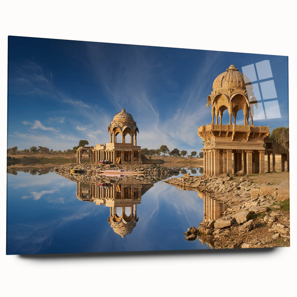 Large abstract wall art of an Indian scenery in muted earth tones on acrylic glass.