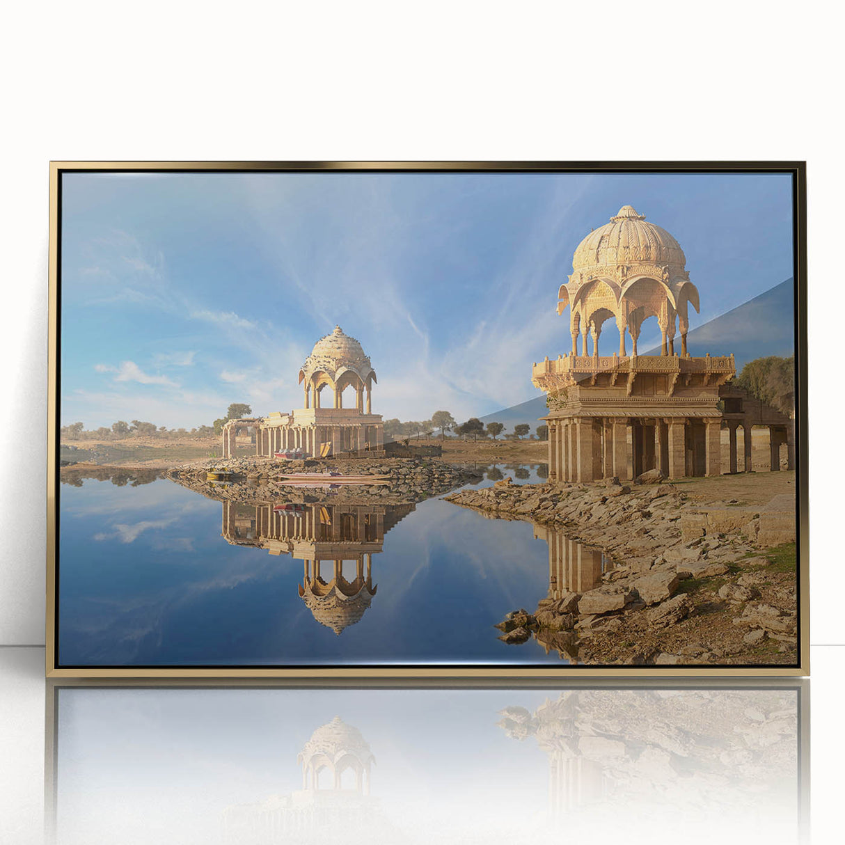 Large acrylic print of an Indian landscape in gold tones, framed, ideal for modern art wall decor.